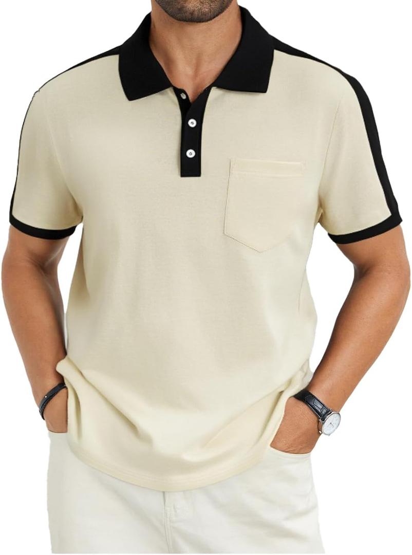 Men's Casual Polo Shirts Short Sleeve Classic Button Shirt Fashion Cotton Golf Tops with Pocket (Large, Beige)