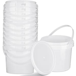 Gerrii 10 Pack White Plastic Bucket with Handle and Lid, 0.375 Gallon (1.5 Quart), Food Storage Bucket Containers, All Purpose Pail for Paint, Water, Art Crafts Projects, Garage Organization