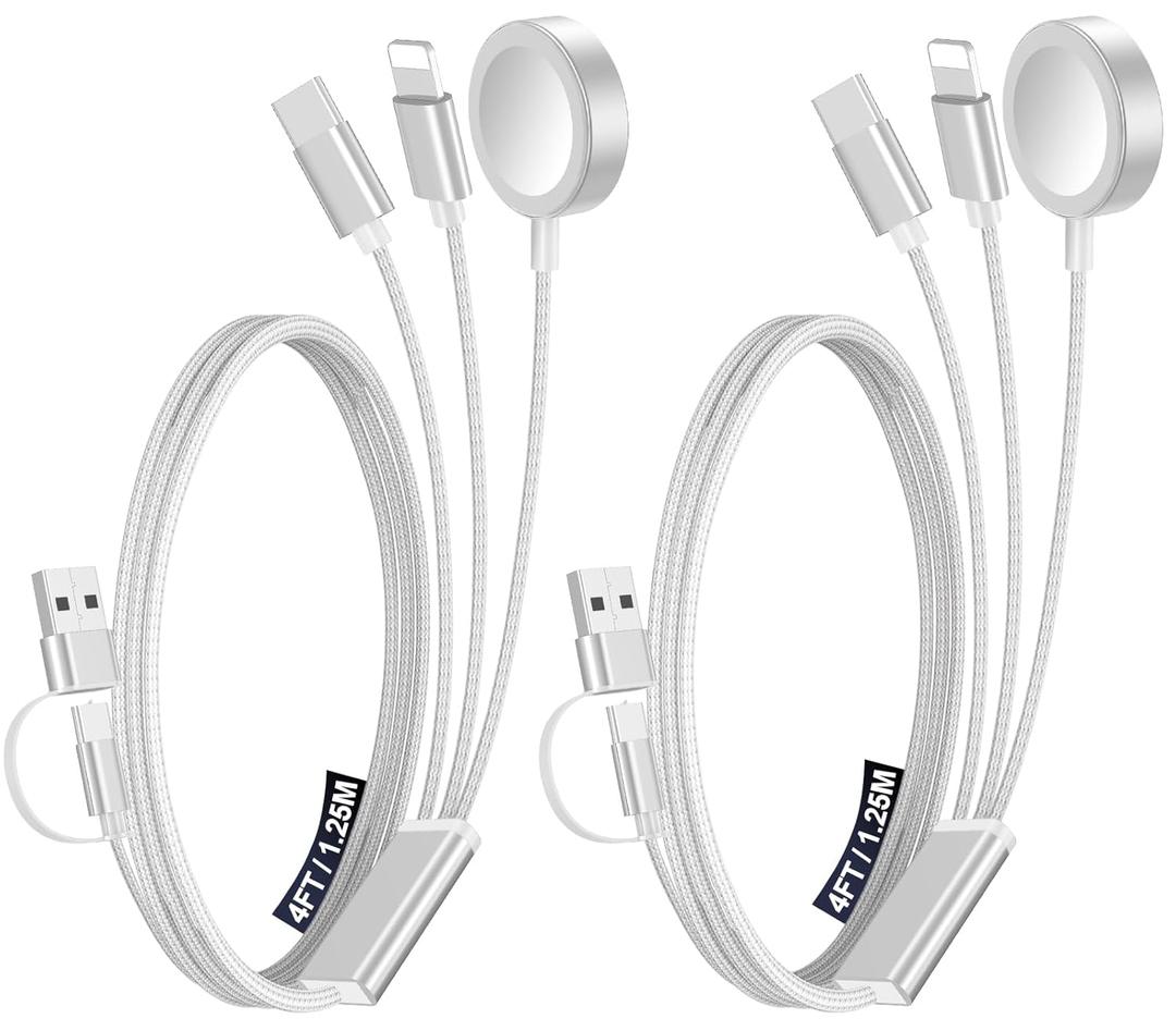 2Pack Multi Charging Cable Cord for Travel Essentials,Apple Watch Charger,iPhone Charger,[3-in-2] Type C/Lightning Cable Portable Designed for iWatch,iPhone 17-8,Galaxy S25-21,AirPods,iPad-4FT White