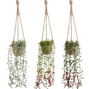 Giegxin Fall Mini Hanging Artificial Plant with Woven Basket Boho Fake Plants Ivy Faux Vines Eucalyptus Leaf for Thanksgiving Indoor Home Wall Shelf Decor(3 Set, Green, Hanging Plant Basket)