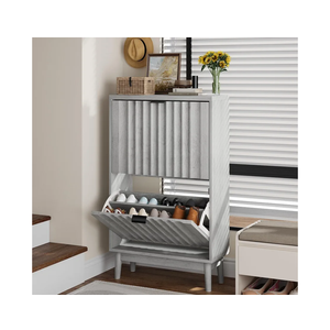 Shoe Storage Cabinet with 2 Flip Drawers, Gray Fluted Narrow for Entryway, Slim Shoe Rack Cabinet Organizer 23.5in