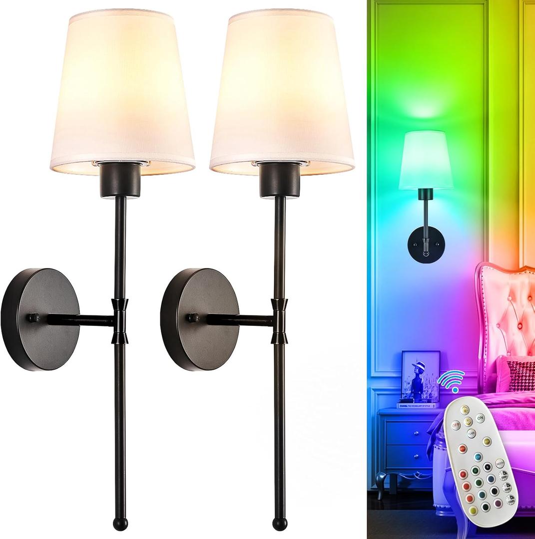 Depuley Battery Operated Wall Sconce: Set of 2 Wireless Wall Lights with Remote for Bedroom - Black Rechargeable 15 Colors RGB Halloween Wall Lamp for Living Room Hallway 24 Inch 