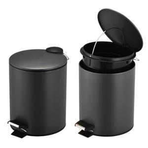 URALFA Pack of 2 Small Bathroom Trash Can with Lid Soft Close, Step Pedal, 5 Liter / 1.3 Gallon Stainless Steel Slim Garbage Can for Bedroom, Diaper Waste Basket with Removable Inner Bucket (Matte Black)