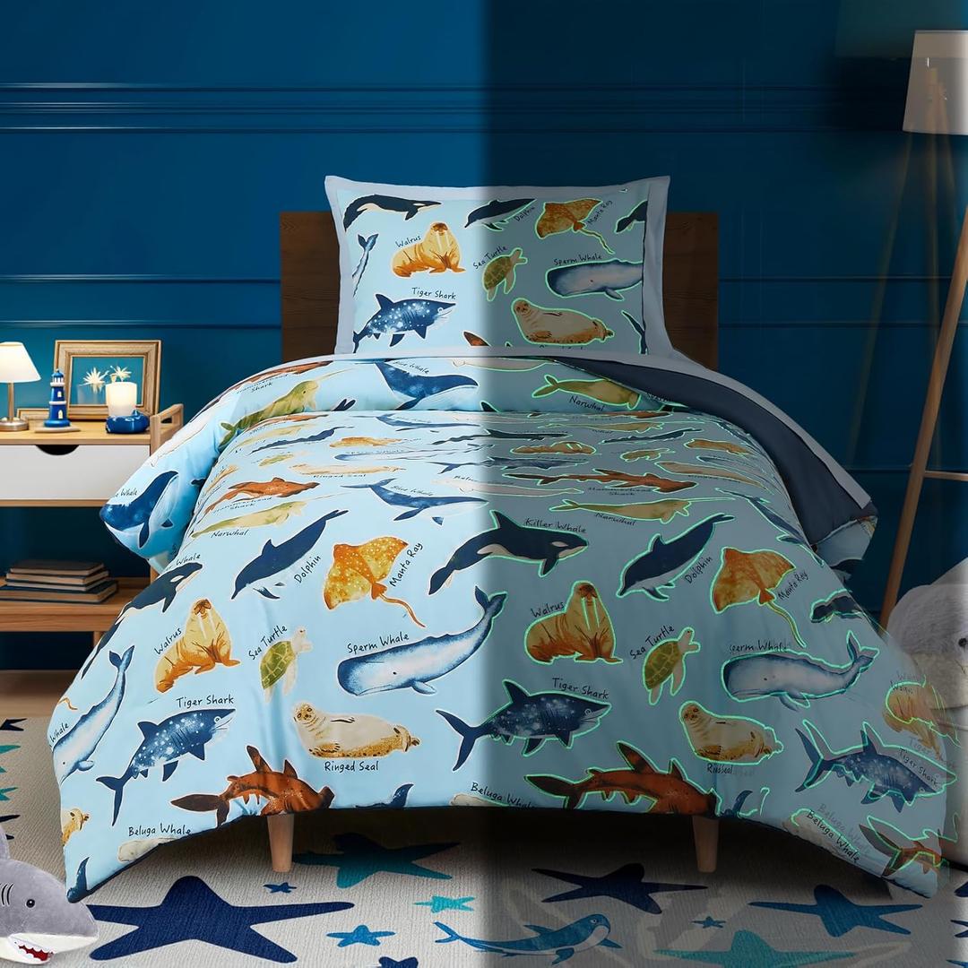 Twin Comforter Set for Boys Kids - 5 Pieces Glow in The Dark Ocean Animals Twin Bedding Sets for Kids, Ultra Soft Bed in A Bag with Sheets