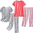 PNAEONG 1 Pack Women's Cotton Pajama Sets Short Sleeve Sleepwear Tops with Capri Pants Summer Loungewear Pj Sets XXL Pink
