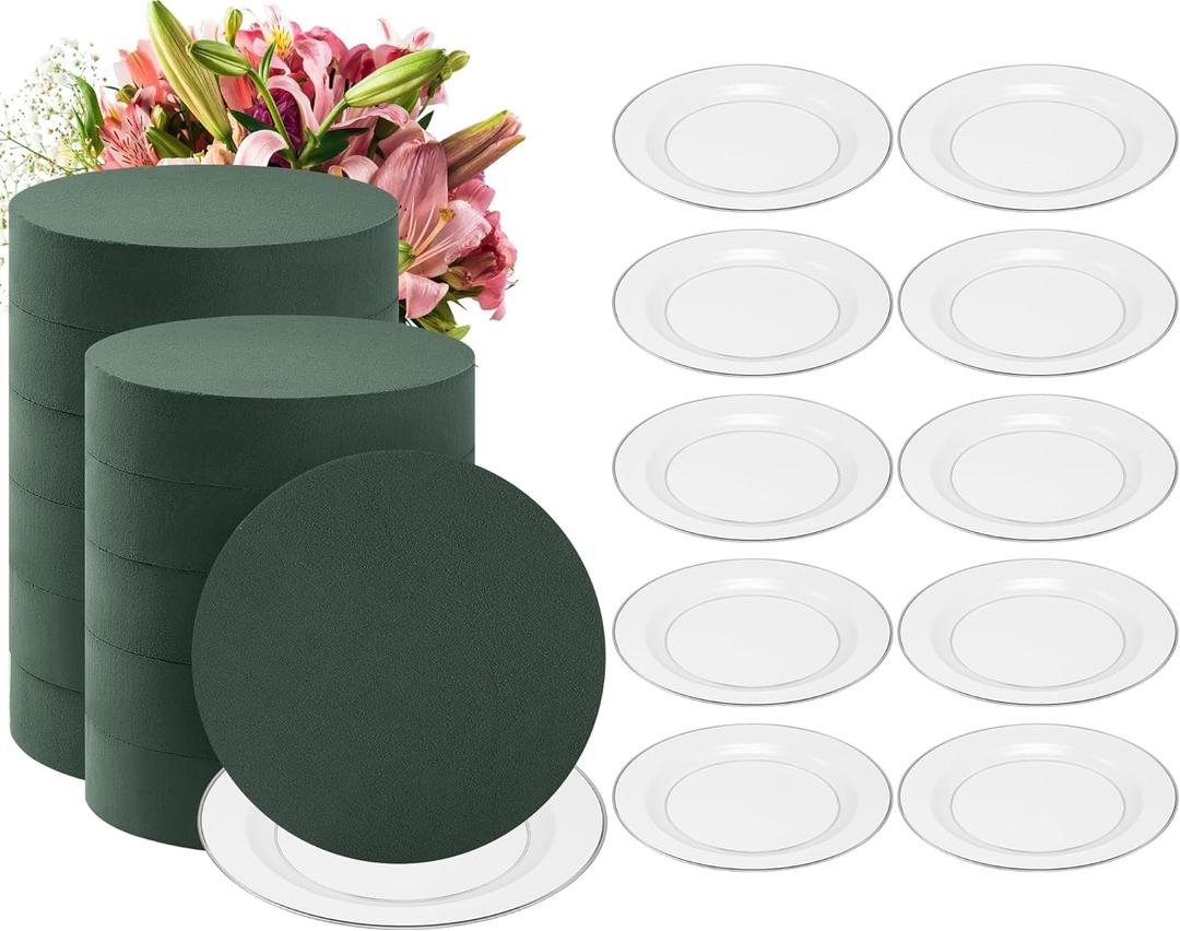 Threlaco 6 Sets Round Floral Foam and Clear Plastic Saucer Plant Drip Tray Floral Flower Dish Green Foam for Artificial Flowers Wedding Home Party Decoration (7 Inches)