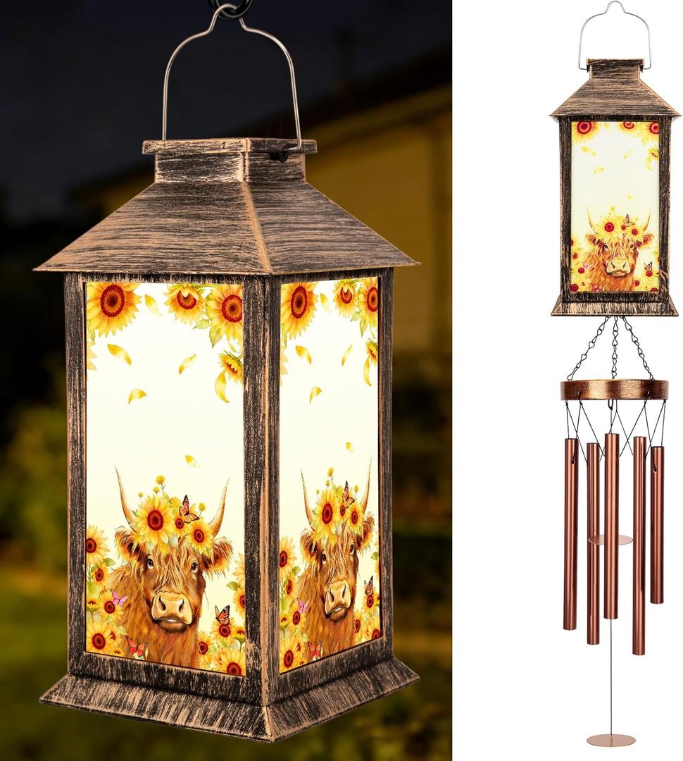 YHmall Highland Cow Wind Chimes for Outside, 37" Windchimes Outdoor Memorial Gifts for Women Mom Grandma, Hanging Solar Lantern Wind Chimes for Patio Garden Outdoor Decor
