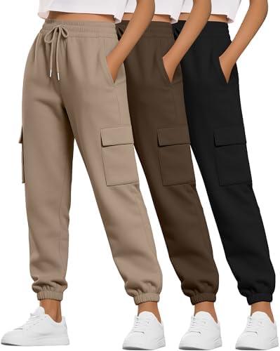 Neer 3 Pack Women's Cargo Sweatpants Joggers Pants Causal Gym Athletic Workout High Waist Bottom Y2k Fall Outfits with Pocket, Large