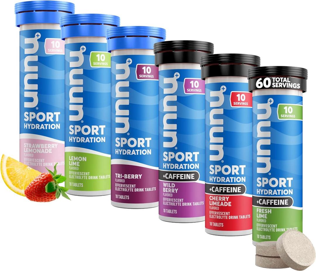 Nuun Sport + Caffeine Electrolyte Tablets Dissolvable in Water, Variety Pack | 5 Essential Electrolytes for Hydration | 1g Sugar Drink Mix | Vegan, Non-GMO | 6 Pack (60 Total Servings) (EXP 09/30/26)