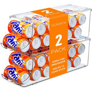 SCAVATA 2 Pack Soda Can Organizer for Refrigerator, Stackable Canned Food Pop Cans Container Can Holder Dispenser with Lid for Fridge Rack Freezer, Clear Storage Bins-Holds 12 Cans Each (Clear)