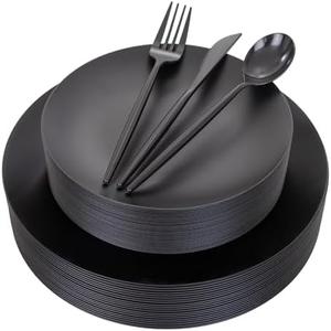 EI 150pcs Black Plastic Plates Frosted Plastic Plate,Premium Heavy Duty Black Plastic Plates,Black Disposable Plates with Black Plastic Silverware,10.25" Dinner Plates and 7.5" Dessert Plate