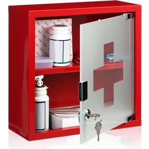 Timgle First Aid Wall Cabinet with Lock Medicine Wall Mounted Bathroom Storage Hanging Medical Cabinet with Safety Glass Door for Bathroom(2 Shelves,Red)