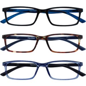 OPULIZE SEE Reading Glasses with Blue Light Blocking for Women Men, Narrow Frame with Spring Hinges (3-pack Black / Brown / Blue)