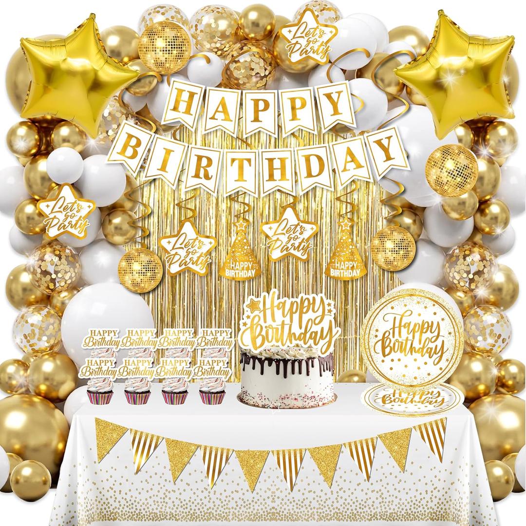 Golden Birthday Party Decorations,Party Banner,Hanging Swirl,Foil Backdrops,Balloons for Women,Men's 10th-50th Birthdays