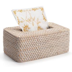 Rattan Tissue Box Cover, Rectangular Wicker Tissue Box Holder, Decorative Woven Facial Tissue Holder for Bathroom, Kitchen, Living Room, Bedroom (Whitewash)