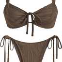 ZAFUL Women's Cinched Bikini Solid Color Wave Textured Knotted Tied Side Two Piece Swimsuit Bathing Suits (Medium, Brown)