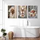 Framed 3Pcs Funny Bathroom Wall Art Dog Playing Phone on Toilet and Taking Bath in Bathroom Pictures Posters Cute Pet Canvas Prints Wall Decor for Dog Lovers Bathroom and Laundry Room Decoration