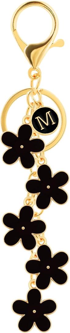 3 x Initial Letter Keychain for Women with Cute Flower Charm  Alphabet Keyring for Keys, Purse, Bags, Backpack & Handbag (Black)