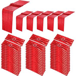54 Pieces of Red Sequin Chair Ribbons and Table Runners, 48 Sequin Chair Bows, 6 Glitter Table Runners, Suitable for Wedding Parties Birthday Meeting Events Decorations (Red)