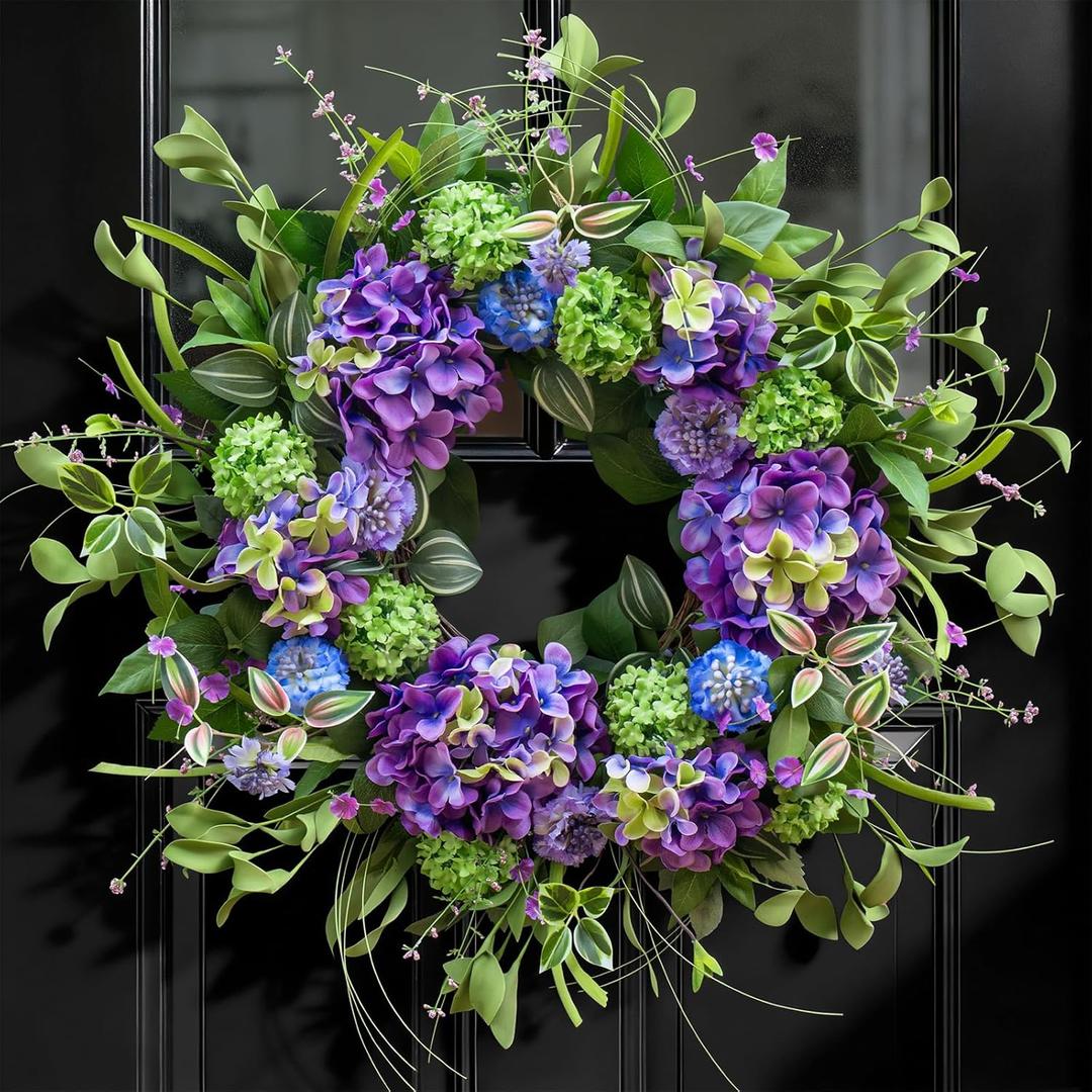 24 Inch Spring Wreath for Front Door, Artificial Hydrangea and Thistle Flowers, Spring and Summer Door Wreath with Lush Greenery, Summer Wreath for Indoor Outdoor Decor