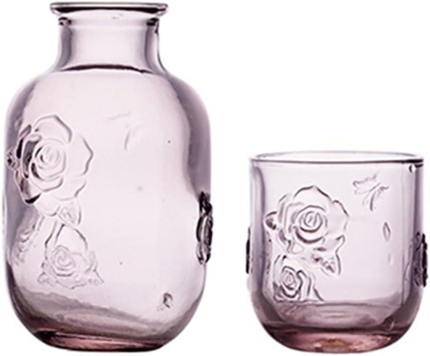 LCORMAG Pink Rose Flower Vintage Bedside Water Carafe and Glass Set, 15 oz Clear Glass Water Carafe with Tumbler for Bedroom Nightstand, Fruit Juice Milk Carafes, Mouthwash Decanter for Bathroom