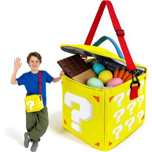 Easter Basket Yellow Question Box Bag, Lunch Bag Storage Basket Game Merch Gifts for Party Supplies Favor Room Decor, Costume (Light-Yellow)