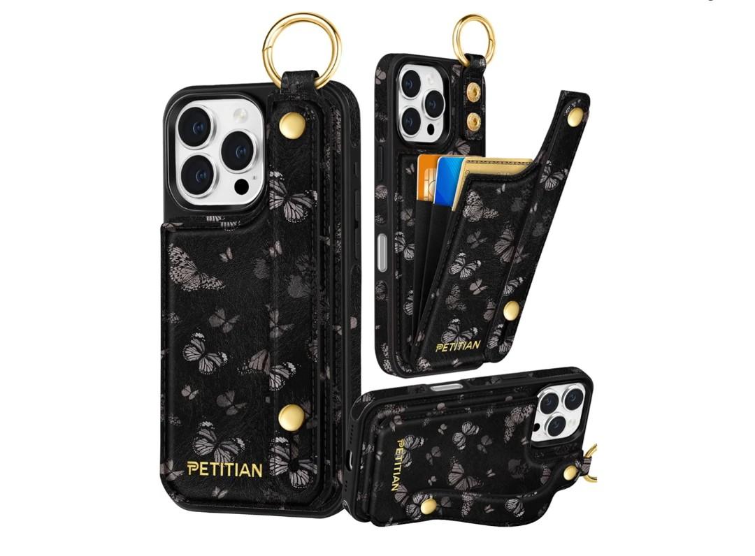 Petitian for iPhone 16 Pro Case Wallet - Women Girls Cute Girly Aesthetic Unique Design Leather Credit Card Holder Cardholder Stand Wristband for iPhone 16 Pro, Black Butterfly