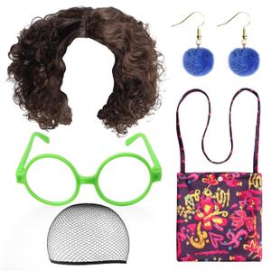 Keymall for Mirabel Cosplay Costume Accessories Set Including Curly Wig Green Glasses Pompom Earrings Bag for Girls Women (Black)