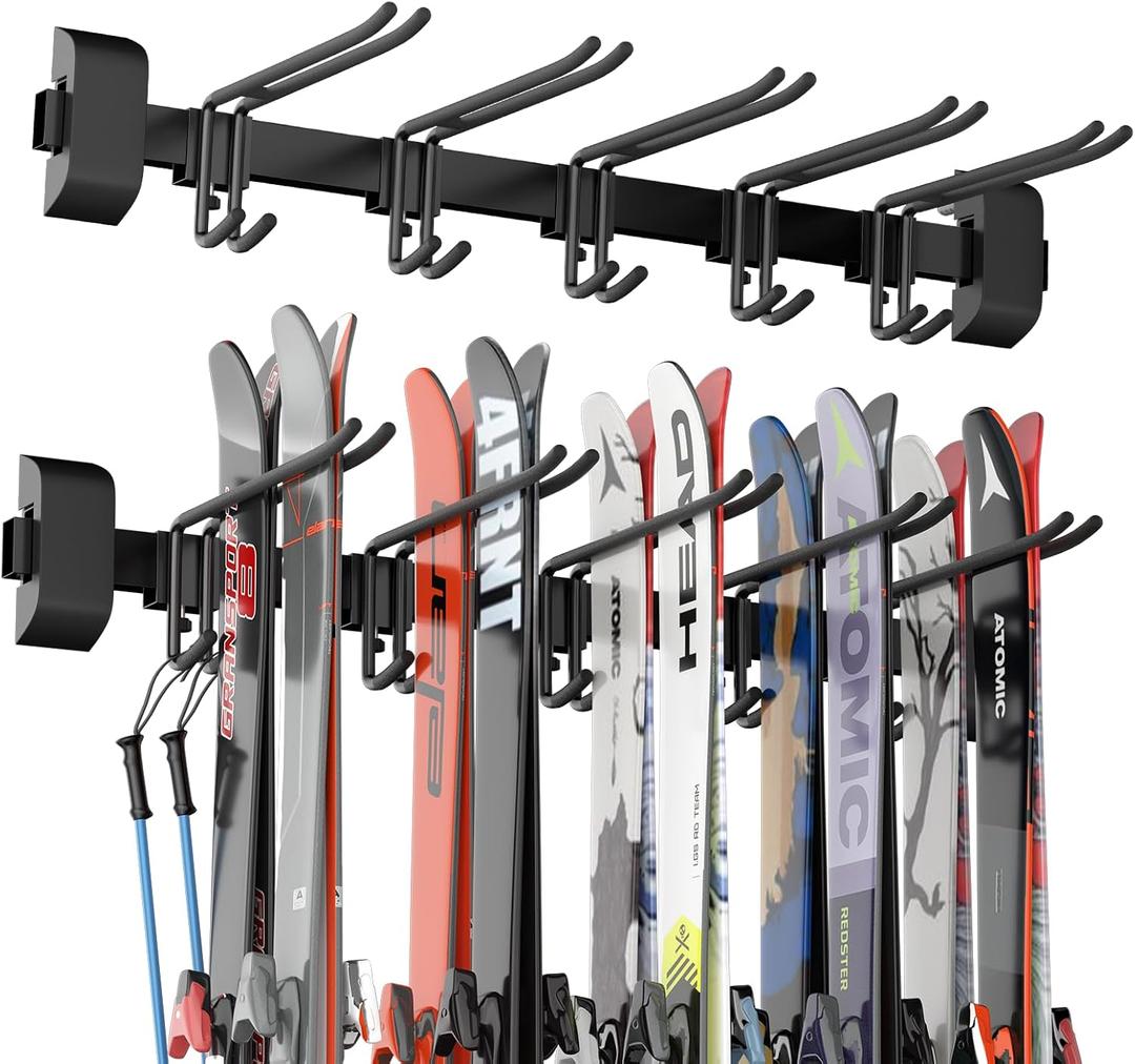 32" Ski & Snowboard Wall Rack Heavy-Duty Wall Mounted Ski Storage for Garage, Holds 10 Pairs with 5 Adjustable Hooks, 300lbs Capacity, Non-Slip Rubber, Easy Install | Ski Holders for Wall