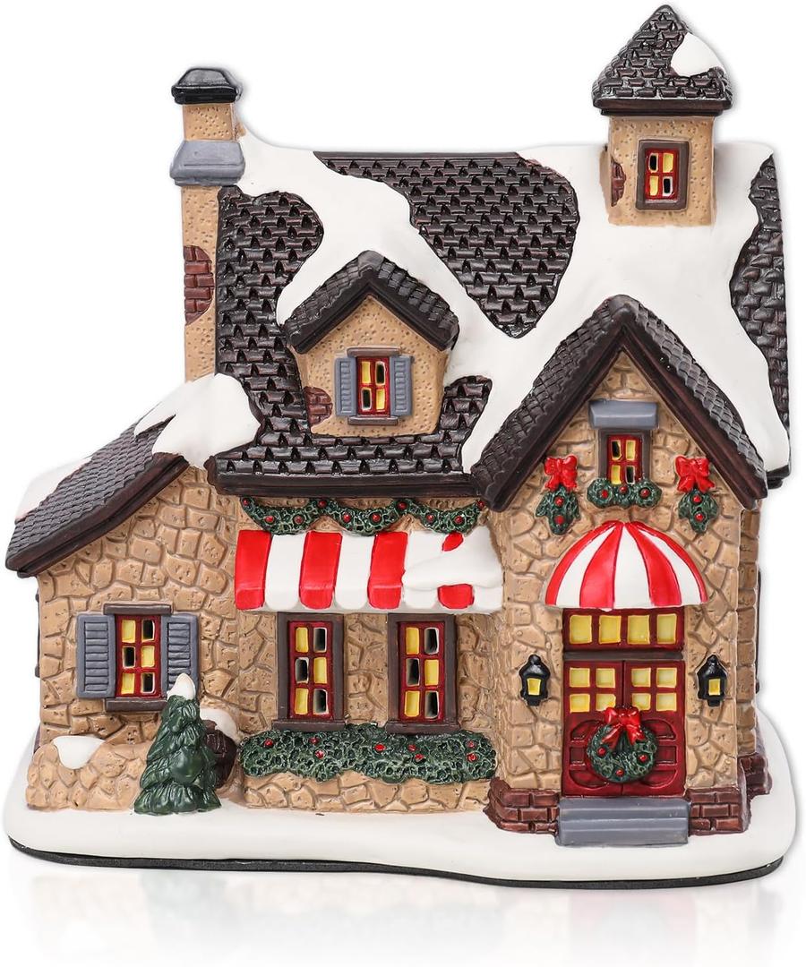 Christmas Village House Lighted Indoor Decorations Gingerbread House with LED Light Christmas Village Collectible Buildings Figurines Ceramic Shop House Light up Figurine for Holiday Xmas Decor