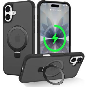 Magnetic Compatible with iPhone 17 Case with Stand [Military Grade Drop Tested][Compatible with Magnet] Ring Translucent Slim Hard Back Soft Edge, Black