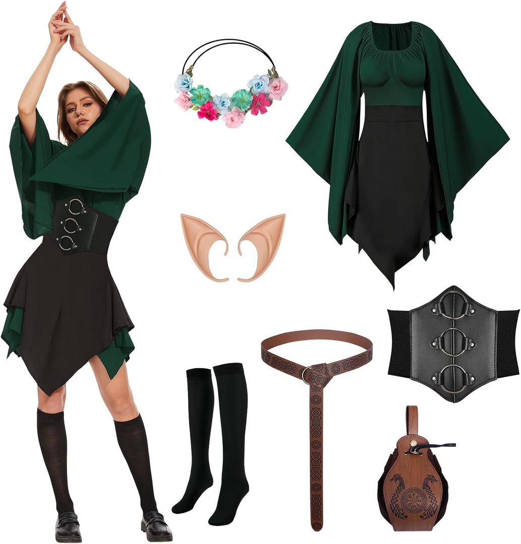 7 Pcs Women Elf Renaissance Costume Medieval Dress Traditional Irish Dress, Elf Cosplay Costume for Women Halloween (Large, Green and Black)