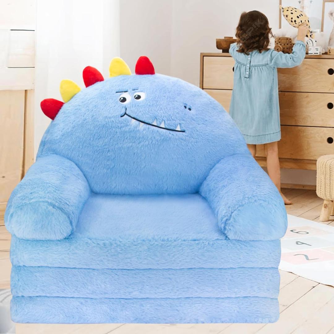 Toddler Chair Comfy Toddler Couch: 2-in-1 Kids Chairs Kids Sofa Fold Out for Girls and Boys 1-3 Years Old, Deepblue Dinosaur