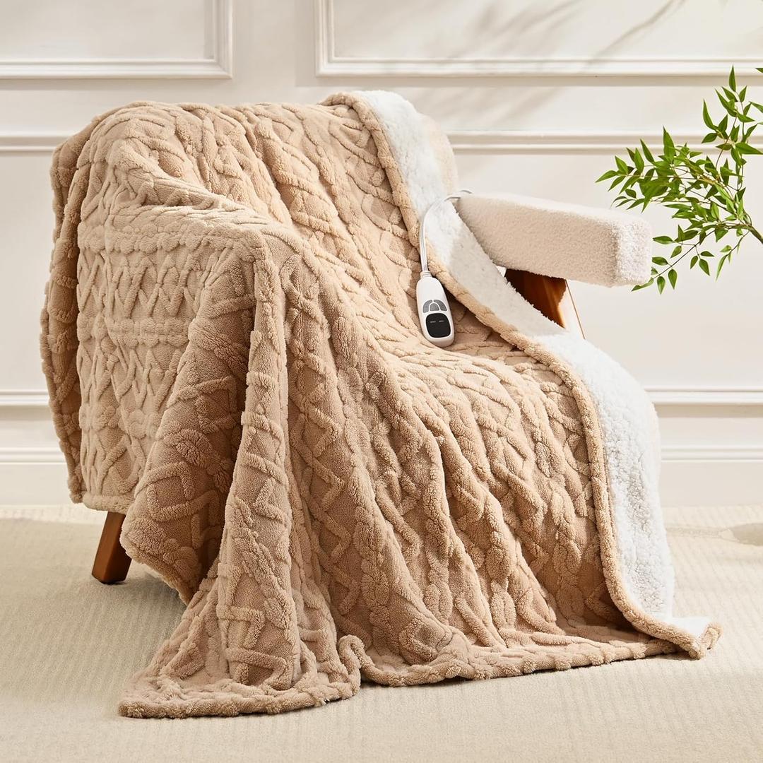 Heated Throw Blanket Electric 50"x60" - Soft Sherpa Throws with 9 Heat Levels and 1-10 Hour Timer, Machine Washable, Cozy Couch Blanket for Home & Office, Christmas & House Warming Gifts - Beige