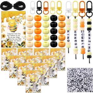 Ferreve 60 Set Back to School Crafts Kits Bee Keychains with Positive Gift Cards for Classroom Activities Beadable Keychains with Inspirational Beads