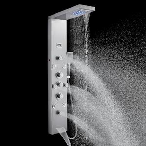 POPFLY LED Rainfall Waterfall Shower Panel Tower System, 4 Body Jets and 4 Mist Spray, 3-Function Handheld Shower, 304 Stainless Steel Shower Tower with Temp Display, Brushed