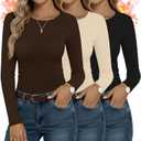 Velvelhall 3 Pack Women's Long Sleeve Thermal Shirts, Fleece Lined Crew Neck Undershirts Soft Base Layer Fitted Tee Tops (X-Large, Black, Dark Brown, Cream)