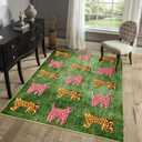 Leopard Washable Rugs, Tribal Oriental Cute Aesthetic Indoor Living Room Carpet, Green Cheetah Tropical Animals Boho Vintage Distressed Hippie 6x9 Area Rugs for Dining Room Bedroom Nursery Entryway