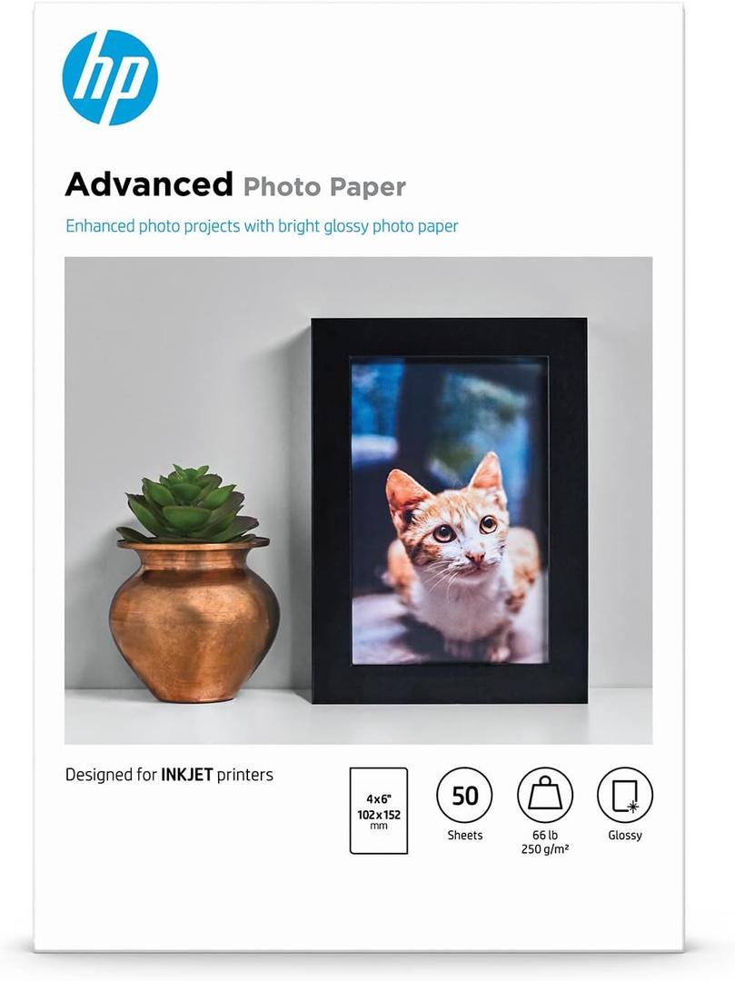 HP Advanced Photo Paper, Glossy, 65 lb, 4 x 6 in. (101 x 152 mm), 50 sheets F4T22A
