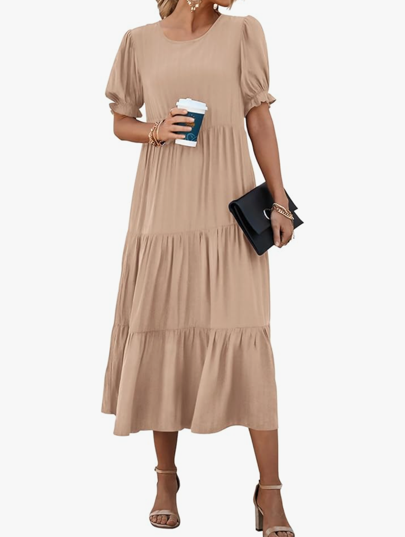 PRETTYGARDEN Summer Dresses for Women 2026 Casual Floral Boho Midi Sun Dress Puff Short Sleeve Flowy Beach Vacation Sundress Size XL