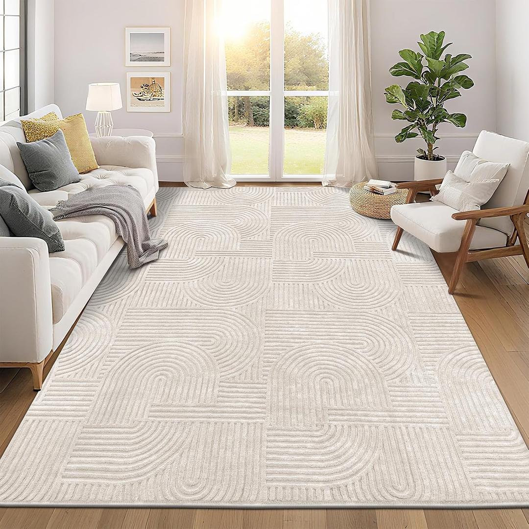 Pauwer 8x10 Area Rugs for Living Room, Modern Non Slip Washable Rug, Beige | Arch Pattern, Soft Fluffy, Neutral, Boho Accent, Solid Color Floor Carpet, For Kids Room Dining Room Nursery Entryway