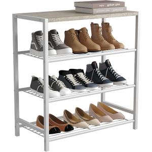 HOMEFORT 4-Tier Shoe Rack, Modern Industrial Shoe Storage Tower, Narrow Shoe Organizer for Closet Entryway, Small Shoe Rack Table with Durable Metal Shelves and MDF Top, White Oak
