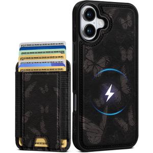 Shorogyt for iPhone 16 Plus Cute Kawaii Phone Case - Compatible with Magsafe Wallet Magnetic Credit Card Holder Black Butterfly Design Leather Phone Cover for Women Girls, Fits 7 Cards