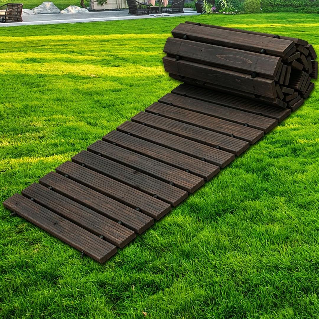 12FT Wooden Garden Pathway, Extra Long Outdoor Cedar Walkway, Roll-Up Boardwalk with Anti-Slip Surface for Garden, Muddy Areas, Events & Heavy Duty Use