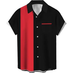 Men's Vintage Bowling Shirts 1950s Casual Short Sleeve Button Up Contrast Shirt Summer Color Block Cuban Shirts (4X-Large, Red and Black)