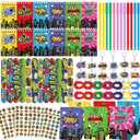 84pcs Hero Themed Super Party Favors with Colorful Paper Gift Bag Notepad Pen Slap Bracelet Key Chain Eye Mask Sticker Comic Hero Themed Party Supplies for Boy Girl Birthday Classroom Games Activities