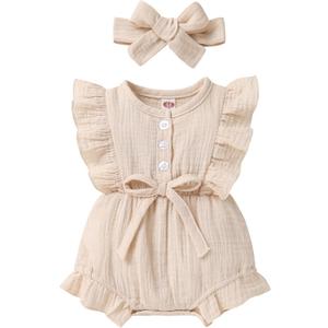 YOUNGER TREE Toddler Baby Girl Ruffled Sleeveless Romper Casual Summer Jumpsuit Cotton Linen Clothes (0-3 Months, Button Apricot)