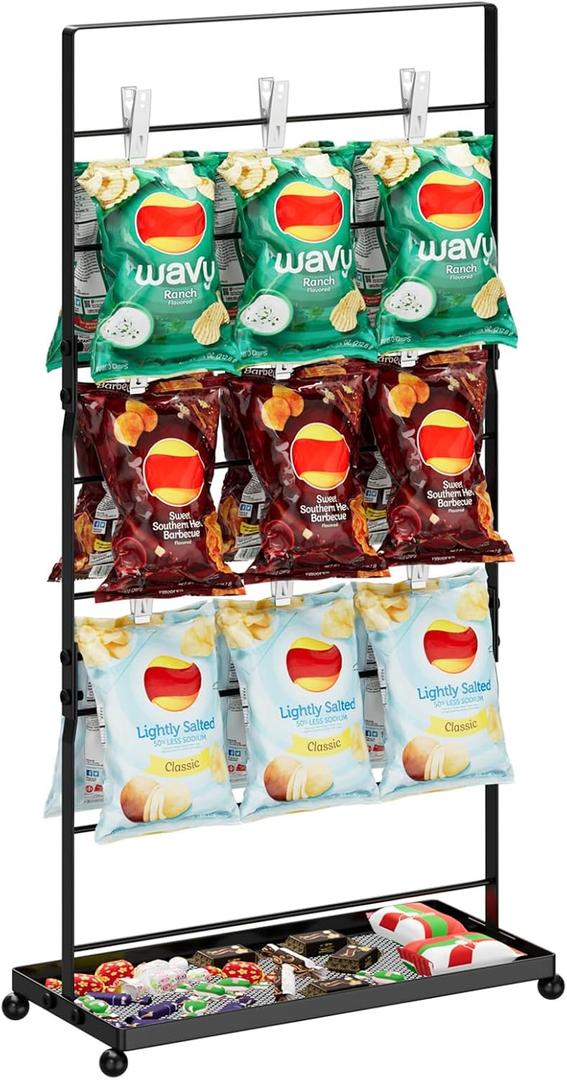 Chip Rack Display Stand Countertop Chip Bag Holder with Candy Storage Basket, 8-Row 40 Clips Chip Stand Display for Party, Retail Snack Display for Counter, Store Concession Stand, Black
