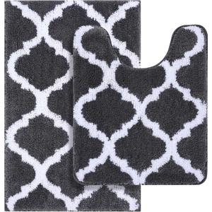 OLANLY Bathroom Rugs Set 2 Piece, Microfiber Bath Shower Mat and U-Shaped Toilet Rug, Machine Wash Dry, Non-Slip Absorbent Shaggy Bath Mats for Tub, Shower and Bathroom (24"x16"+24"x20", Dark Grey)