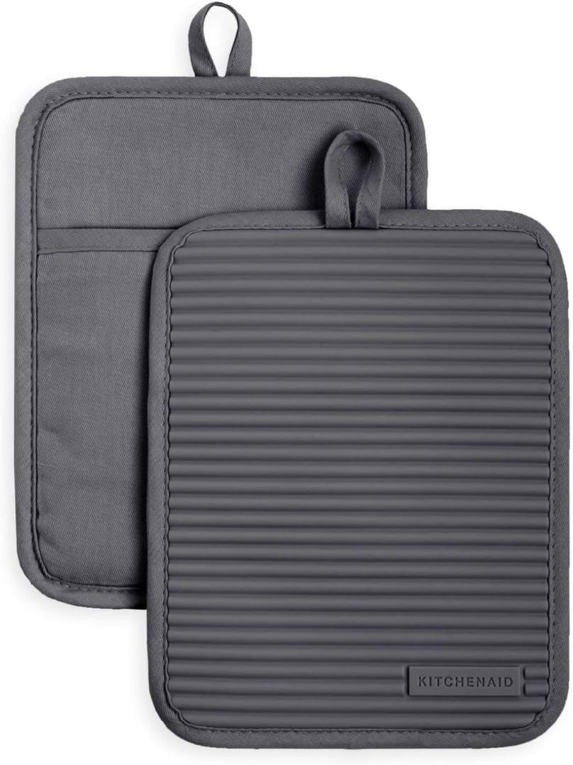 KitchenAid Ribbed Soft Silicone Pot Holder 2-Pack Set, Charcoal Grey, 7"x9"